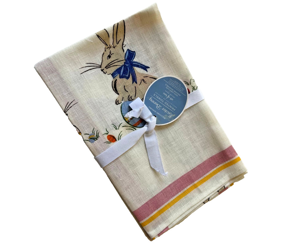 WILLIAM SONOMA KITCHEN TOWEL EASTER BUNNY ITALIAN LINEN PK 2 NWT RARE